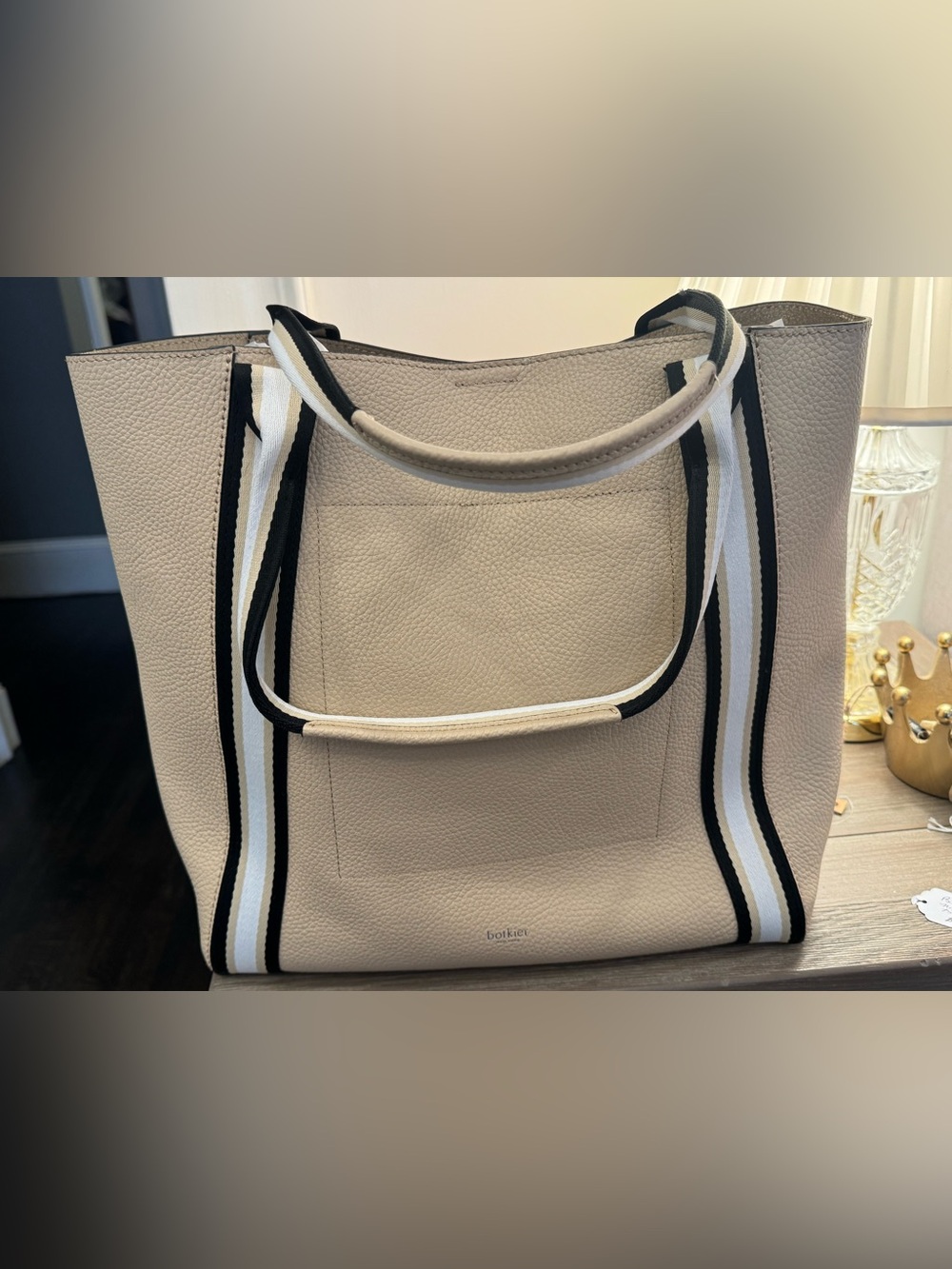 Botkier Trinity pebbled leather tote bag beige/cream with striped straps (NWOT)